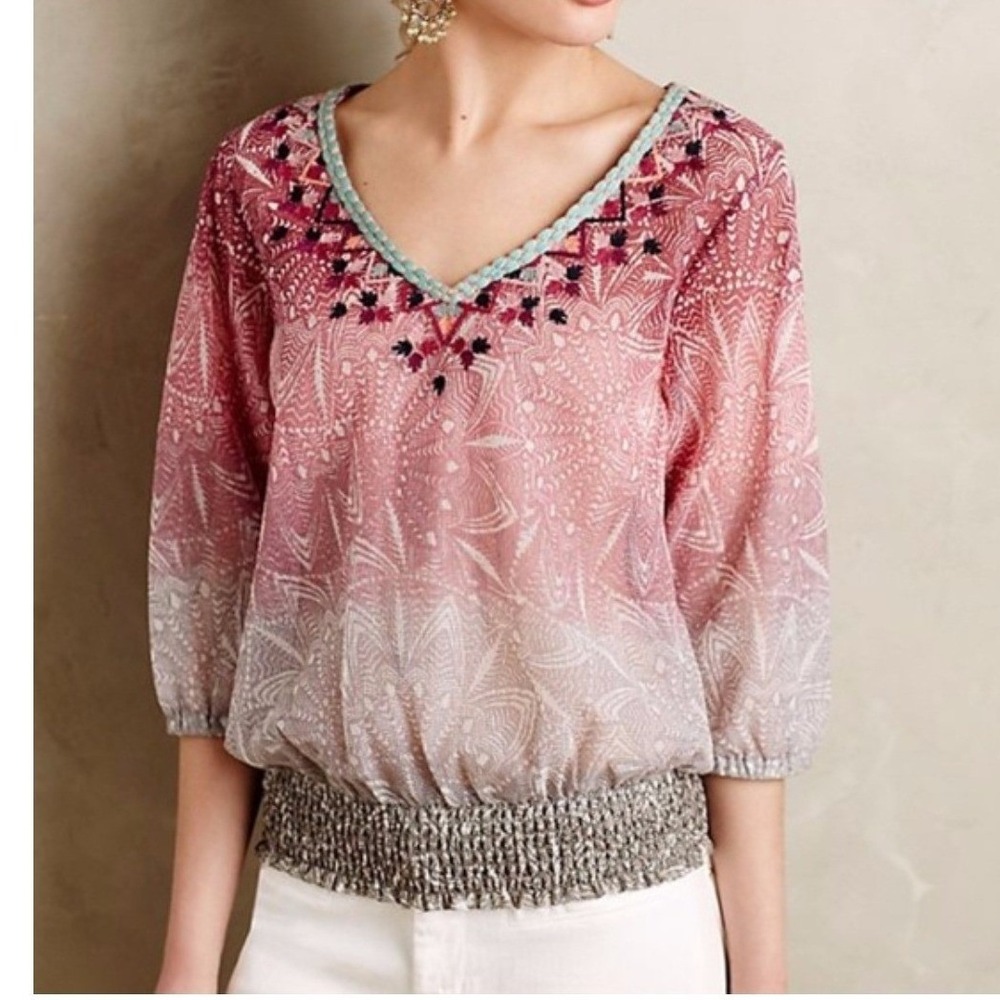 Anthropologie Akemi Kin Mesh Blouse XL Pink Embroidered Boho Peasant Festival